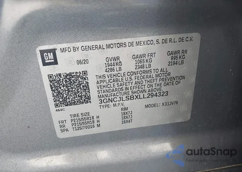 2020 Chevrolet Trax Fwd Lt from USA, damaged, VIN 3GNCJLSBXLL294323